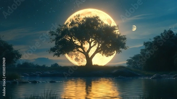 Fototapeta the beautiful view of the full moon behind the tree in the middle of the lake is very enchanting.