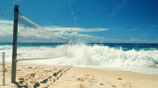 Fototapeta A spirited game of beach volleyball on sandy shores, Volleyball net set against a backdrop of crashing waves, Coastal sport style