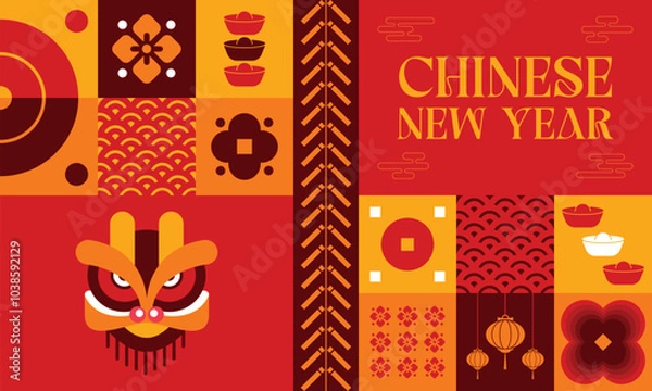 Fototapeta Chinese Lunar New Year seamless pattern in scandinavian style postcard with Retro clean concept