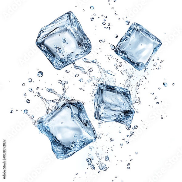 Fototapeta flying ice cubes with water splash on white