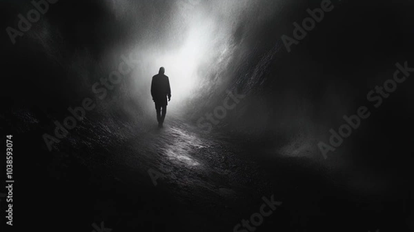 Fototapeta A lone figure walks down a dimly lit path enveloped in mist, creating a mysterious and atmospheric scene. The figure is silhouetted against a bright light source emerging from a foggy background, sugg