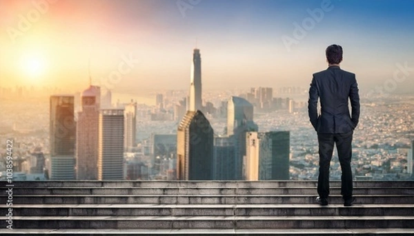 Fototapeta Back view of businessman standing on stairs on blurry city background. Success and growth concept.