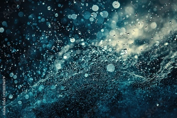 Fototapeta Water splash with droplets and bubbles against a dark background.