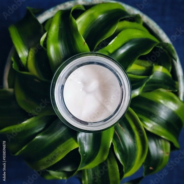 Obraz A jar of cream on a background of green leaves; view from above