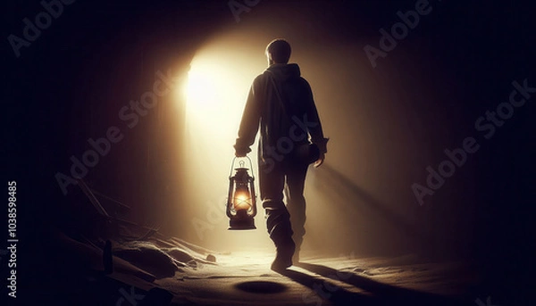 Fototapeta Man walking from darkness to light with old lantern in hand
