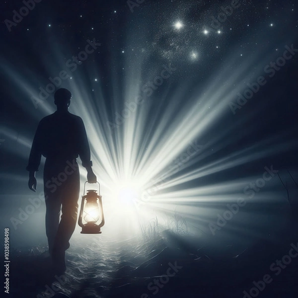 Fototapeta Man walking from darkness to light with old lantern in hand