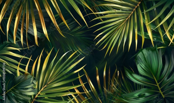 Fototapeta Green and gold tropical forest palm leaves background. Floral botanical jungle background. Houseplants and urban jungle concept with copy space. Rainforest backdrop for poster, banner, flyer. 