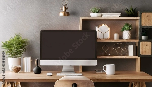 Fototapeta Modern home office with a wooden desk and computer. 3D Rendering