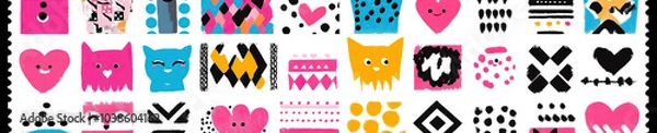 Fototapeta A lively pattern background showcases an assortment of colorful shapes including hearts, animals, and geometric designs. The vibrant colors create an energetic and cheerful aesthetic