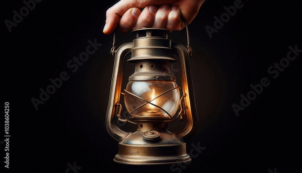 Fototapeta hand holding an old lantern in a dark environment