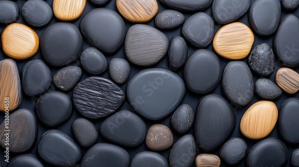 Fototapeta Smooth basalt stones and bamboo elements combine to create a calming, Zen-inspired outdoor setting
