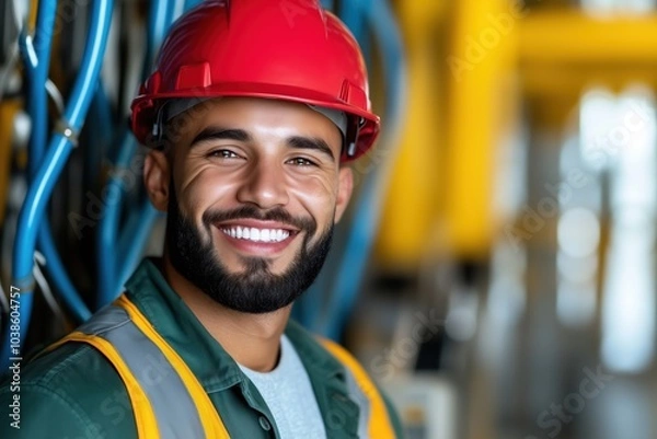 Fototapeta Confident male model in a business suit and red helmet against a vibrant backdrop. Generative AI