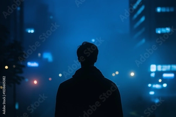 Fototapeta A lone silhouette stands against a foggy cityscape illuminated by city lights in a nocturnal atmosphere.