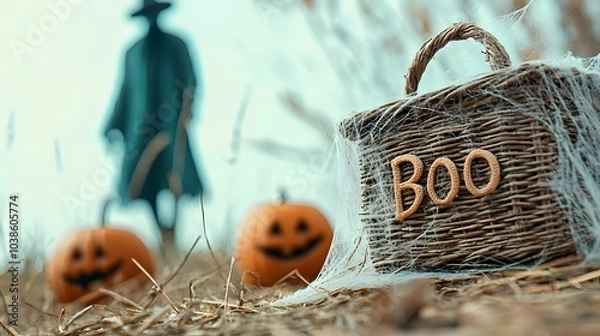 Fototapeta A spooky Halloween scene featuring a wicker basket labeled "Boo," two carved pumpkins, and a shadowy figure in the background.