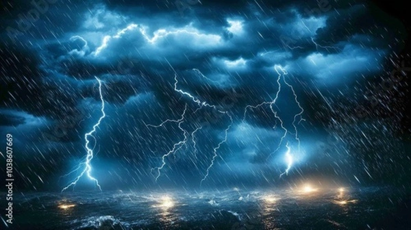 Fototapeta A picture of a stormy cloud with lightning bolts. The image shows a dark cloud with rain falling and bright flashes of lightning.