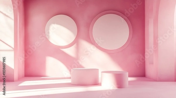 Fototapeta Pink Minimalist Interior with Dual Circular Features and Subtle Sunlight Play : Generative AI