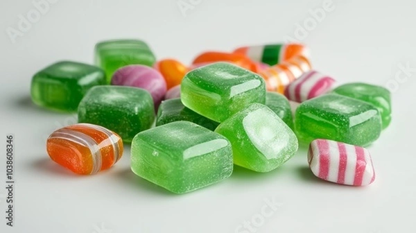 Fototapeta A pile of green, hard mint candies on a white background. There are also some colorful lozenges in the group.