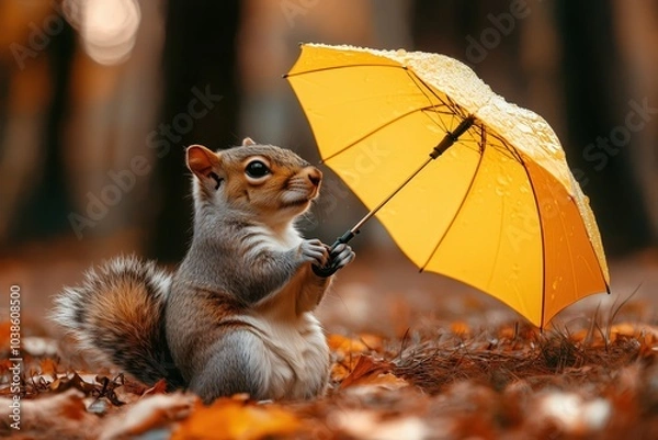 Fototapeta Squirrel with a tiny yellow umbrella in a colorful autumn forest. Generative AI