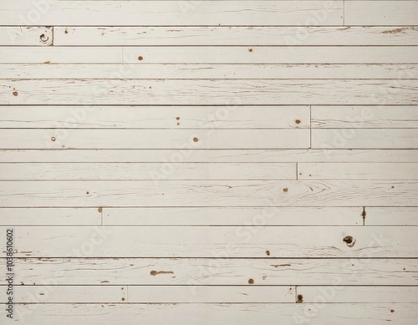 Obraz A close-up image of a weathered, white wooden wall with horizontal planks and vertical slats, featuring small holes and a slightly worn texture, evokes a rustic and aged aesthetic