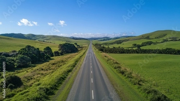 Fototapeta A straight, paved road winds through a countryside landscape. Green hills dotted with trees and bushes stretch out under a bright blue sky. It's a summer scene.