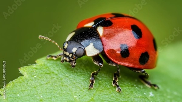 Fototapeta A tiny red ladybug with black spots sits on a green leaf. The picture shows every detail of the ladybug, taken up close with a special camera.
