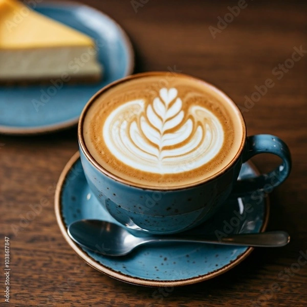 Obraz Latte Art coffe with a Slice of Cheesecake on a Wooden Table