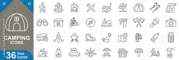 Fototapeta Camping flat icons set. Vector illustration of 40 editable stroke line icons including tent, campfire, backpack, hiking, compass, lantern, nature, adventure gear, and More.