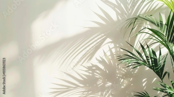 Fototapeta Bright sunlight creates intricate shadows of palm leaves on a clean white wall, evoking a tropical and serene atmosphere.