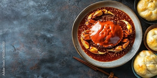 Obraz A whole chili crab in its bright red sauce with fried mantou buns