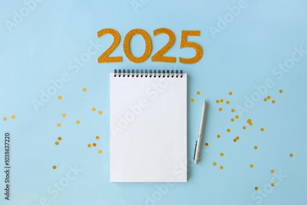Obraz 2025 New Year concept with empty notebook for your goals, plans, resolutions. Flat lay style. Christmas planning concept with space for text