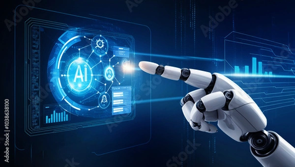 Fototapeta Futuristic Robot Hand Interacting with Holographic Data Web Generative AI