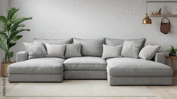 Fototapeta Comfortable gray sofa in a living room with neutral tones, accent pillows, and a potted plant for a balanced home decor