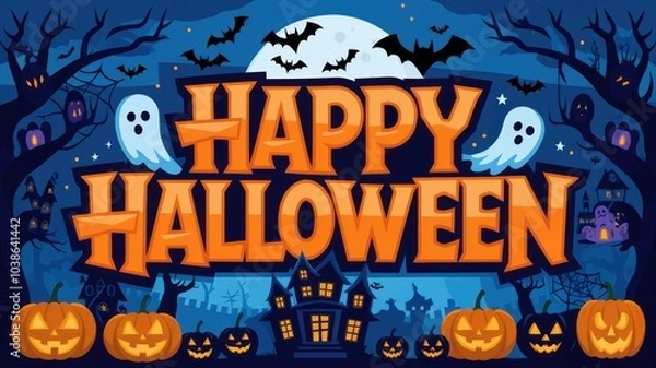 Fototapeta Festive Halloween scene with ghosts, bats, pumpkins, and a haunted house against a spooky night background.