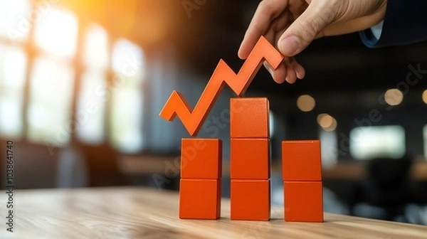 Fototapeta A hand places a rising orange chart on stacked blocks, symbolizing growth and progress in a business or financial context.