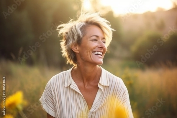 Obraz Portrait of a happy senior woman standing in field smiling at camera