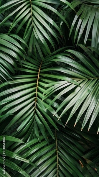 Fototapeta Close-up of vibrant green palm leaves forming a dense, tropical jungle backdrop with intricate natural patterns.