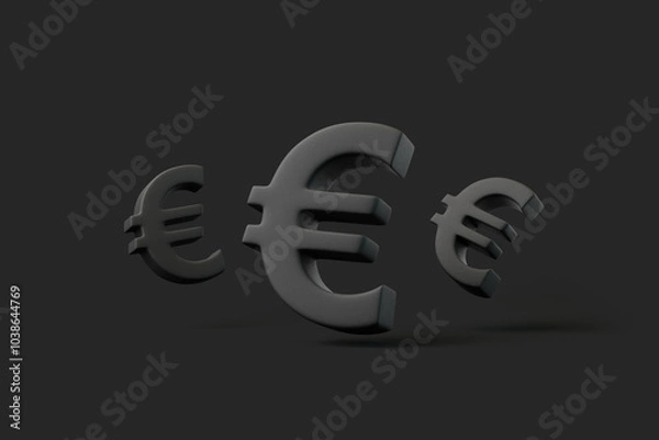 Obraz Three black euro symbols floating against a dark background, symbolizing European currency, finance, and global economics. 3D render illustration