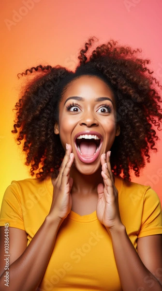 Fototapeta Vibrant Portrait of Excited Diverse Individual Expressing Joy and Enthusiasm - Colorful Background for Social Media