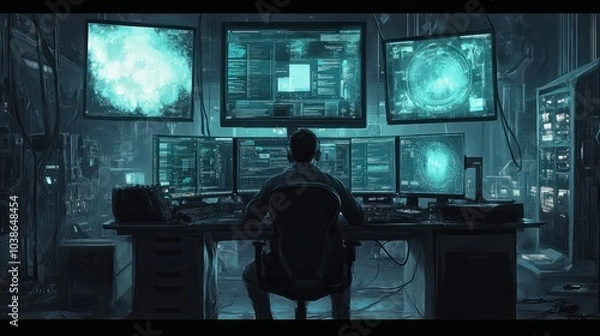 Fototapeta System Administrator Working in a Dark Research Facility on a Computer with Multiple Displays