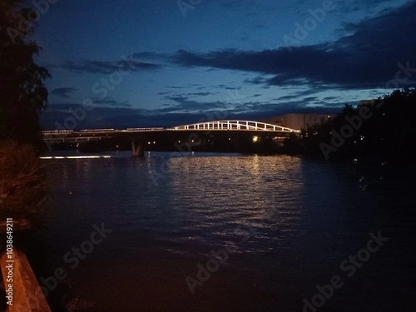 Obraz Pont sombre reflété dans le canal en soirée