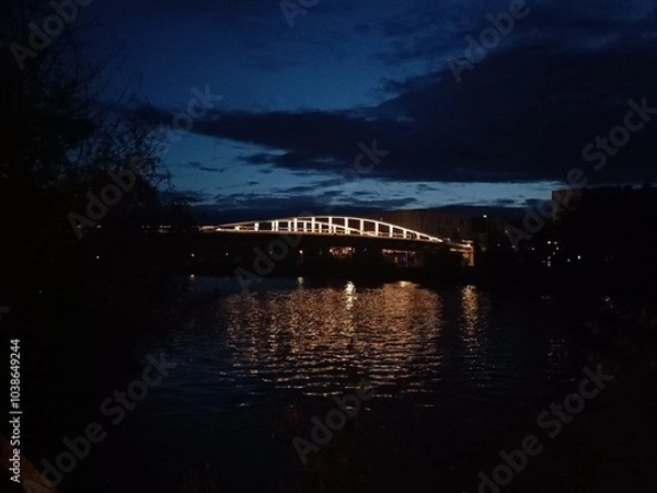 Obraz Pont sombre reflété dans le canal en soirée