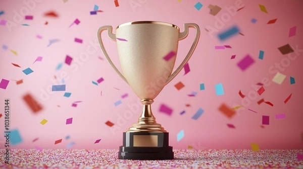 Fototapeta Golden trophy on a confetti-covered table against a pink background, symbolizing celebration and achievement.