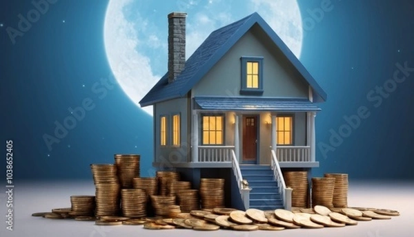 Fototapeta Tiny, stylish home placed next to stacks of coins, representing the concept of downsizing in real estate and financial savings for future housing investments