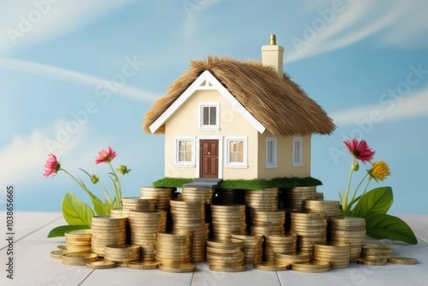 Fototapeta Miniature beautiful house on green lawn surrounded by stacks of coins demonstrating concept of reducing real estate area and saving money