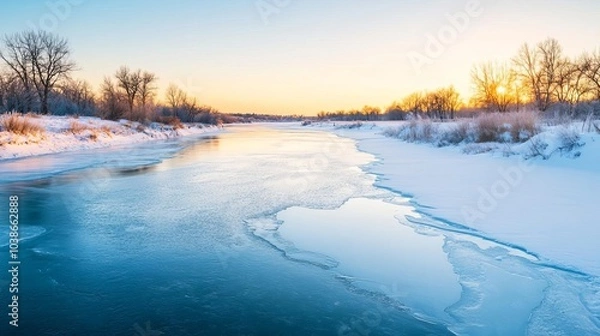 Fototapeta Frosty air over a frozen river, capturing the chill of winter