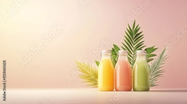 Fototapeta Vibrant Organic Juice Bottles, colorful liquids in dynamic 3D design, showcasing freshness and health in an engaging visual format