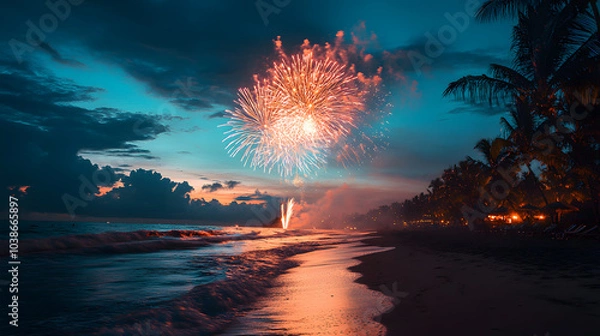 Obraz A photo of fireworks bursting over a beach, with ocean waves as the background, during a tropical New Year's Eve celebration