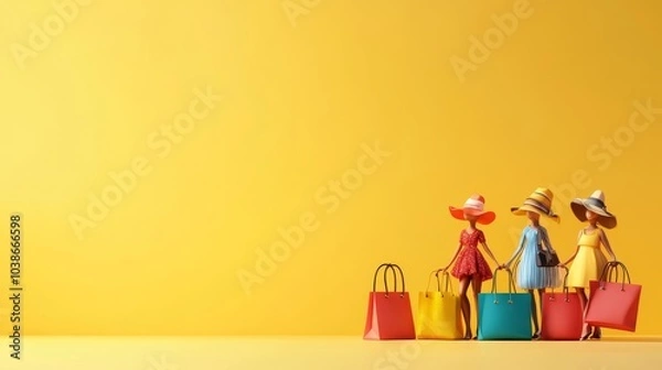 Fototapeta Vibrant shopping scene with enthusiastic customers carrying multiple bags, lively atmosphere, colorful displays, engaging 3D illustration