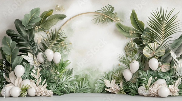 Fototapeta Elegant tropical greenery arch with white balloons and lush leaves, nature-inspired party backdrop decoration