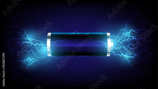 Obraz 3d Battery charging indicator with thunder isolated. Electric battery power charging technology concept. Neon dark Blue Light Abstract Technology background for computer graphic website internet.